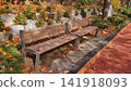 Wooden Park Bench Covered with Red and Yellow Autumn Leaves 141918093