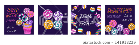 Halloween party square posters set. Trick or treat, spooky lollipops, cupcake isolated on violet background. Four banner templates, cards, invitations. Vector illustration 141918229