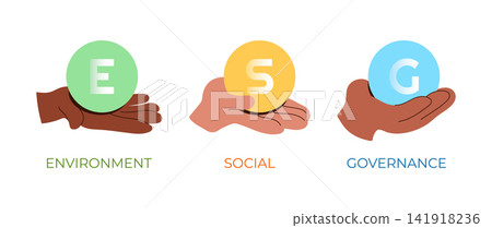 Diverse hands holding ESG infographic icons. Environment Social Governance concept sign. Corporate sustainability performance, social responsibility. Vector illustration isolated on white background Diverse hands holding ESG infographic icons. Environment Social Governance concept sign. Corporate sustainability performance, social responsibility. Vector illustration isolated on white background 141918236