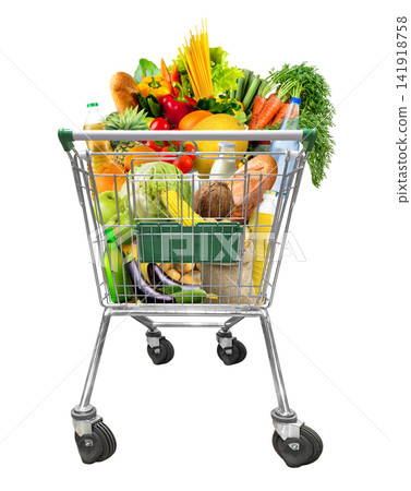 Shopping push cart full of food products isolated on white. Shopping push cart full of food products isolated on white. 141918758