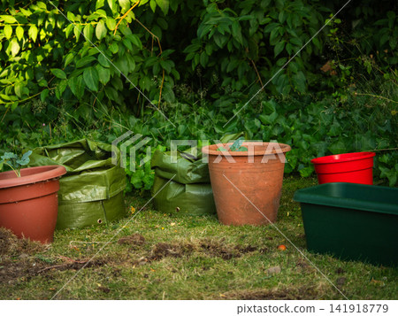 Green grow bag and plant pots Green grow bag and plant pots 141918779