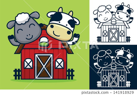 Funny sheep and cow on barn. Vector cartoon illustration in flat icon style Funny sheep and cow on barn. Vector cartoon illustration in flat icon style 141918929