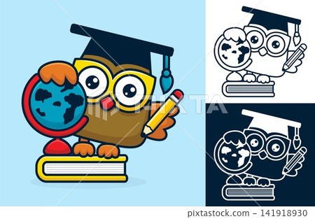 Back to school concept, funny owl standing on book with earth globe and pencil. Vector cartoon illustration in flat icon style Back to school concept, funny owl standing on book with earth globe and pencil. Vector cartoon illustration in flat icon style 141918930
