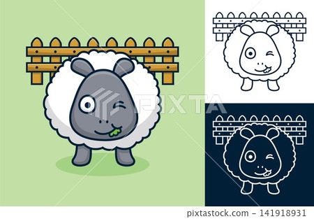 Sheep eating grass on fence background. Vector cartoon illustration in flat icon style Sheep eating grass on fence background. Vector cartoon illustration in flat icon style 141918931