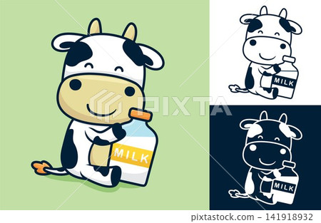 Cute cow with big milk bottle. Vector cartoon illustration in flat icon style Cute cow with big milk bottle. Vector cartoon illustration in flat icon style 141918932