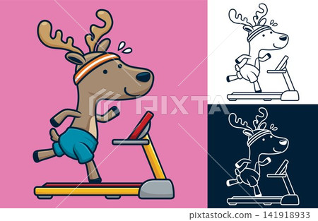 Funny deer running on treadmill. Vector cartoon illustration in flat icon style Funny deer running on treadmill. Vector cartoon illustration in flat icon style 141918933
