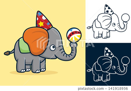 Cute elephant wearing cone hat playing ball in circus show. Vector cartoon illustration in flat icon style 141918936