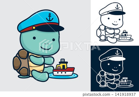Cute turtle wearing sailor hat with a little boat. Vector cartoon illustration in flat icon style Cute turtle wearing sailor hat with a little boat. Vector cartoon illustration in flat icon style 141918937