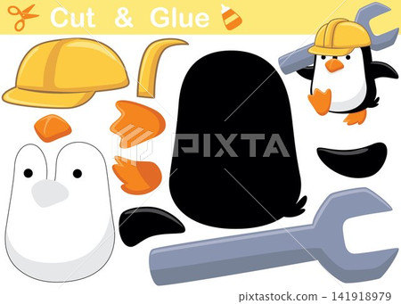 Little penguin wearing helmet with big monkey wrench. Cutout and gluing. Vector cartoon illustration Little penguin wearing helmet with big monkey wrench. Cutout and gluing. Vector cartoon illustration 141918979
