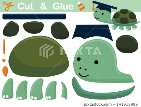 Funny turtle wearing graduation hat. Education paper game for children. Cutout and gluing. Vector cartoon illustration Funny turtle wearing graduation hat. Education paper game for children. Cutout and gluing. Vector cartoon illustration 141918989
