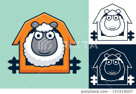 Funny sheep on cage. Vector cartoon illustration in flat icon style Funny sheep on cage. Vector cartoon illustration in flat icon style 141919007