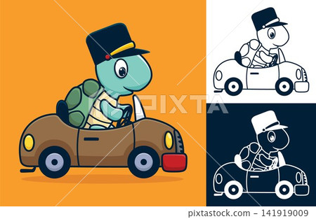 Turtle wearing hat on car. Vector cartoon illustration in flat icon style Turtle wearing hat on car. Vector cartoon illustration in flat icon style 141919009