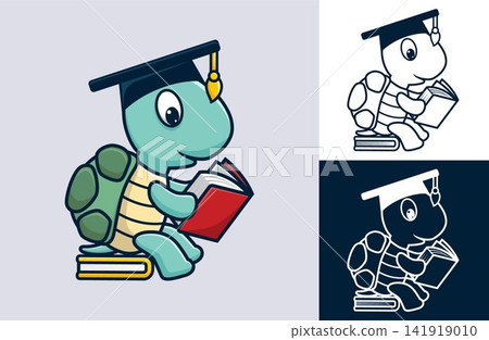 Funny turtle wearing graduation hat sitting on book while reading book. Vector cartoon illustration in flat icon style Funny turtle wearing graduation hat sitting on book while reading book. Vector cartoon illustration in flat icon style 141919010