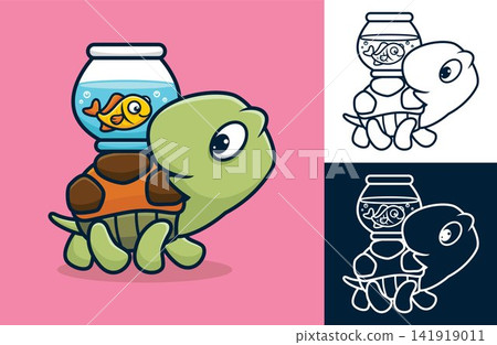Funny turtle carrying fish in jar on his back. Vector cartoon illustration in flat icon style Funny turtle carrying fish in jar on his back. Vector cartoon illustration in flat icon style 141919011