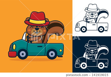 Squirrel wearing bowler hat driving car. Vector cartoon illustration in flat icon style 141919015