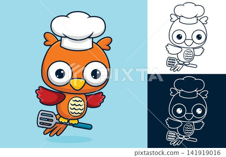 Cute owl wearing chef hat with spatula in its feet. Vector cartoon illustration in flat icon style Cute owl wearing chef hat with spatula in its feet. Vector cartoon illustration in flat icon style 141919016