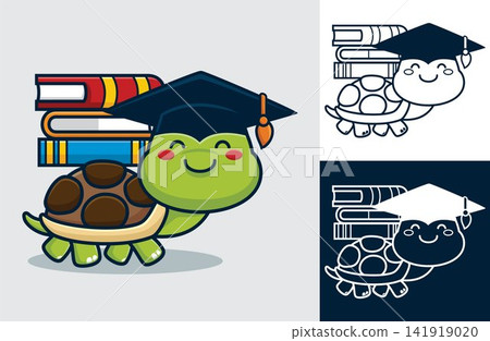 Turtle wearing graduation hat while carrying books. Vector cartoon illustration in flat icon style Turtle wearing graduation hat while carrying books. Vector cartoon illustration in flat icon style 141919020
