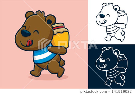 Funny bear carrying honey jar on it back. Vector cartoon illustration in flat icon style Funny bear carrying honey jar on it back. Vector cartoon illustration in flat icon style 141919022