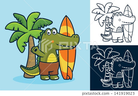 Crocodile with surfboard on coconut tree background. Vector cartoon illustration in flat icon style Crocodile with surfboard on coconut tree background. Vector cartoon illustration in flat icon style 141919023