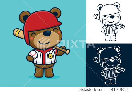 Funny bear in baseball player uniform with baseball bat and ball. Vector cartoon illustration in flat icon style Funny bear in baseball player uniform with baseball bat and ball. Vector cartoon illustration in flat icon style 141919024