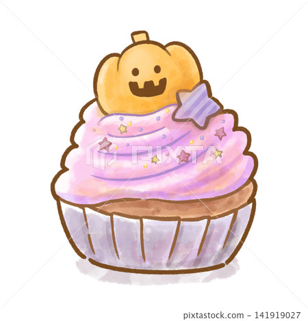 Cute watercolor-style Halloween cupcakes with pumpkin and star toppings on a white background. Cute watercolor-style Halloween cupcakes with pumpkin and star toppings on a white background. 141919027