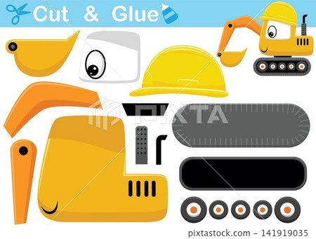 Funny excavator cartoon wearing helmet. Education paper game for children. Cutout and gluing 141919035
