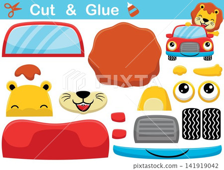 Cute lion on smiling car. Cutout and gluing. Vector cartoon illustration Cute lion on smiling car. Cutout and gluing. Vector cartoon illustration 141919042