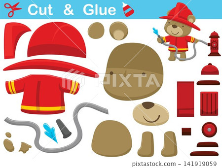 Little bear in firefighter uniform spraying water from hydrant. Cutout and gluing. Vector cartoon illustration Little bear in firefighter uniform spraying water from hydrant. Cutout and gluing. Vector cartoon illustration 141919059