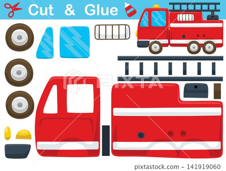 Fire truck cartoon. Education paper game for children. Cutout and gluing Fire truck cartoon. Education paper game for children. Cutout and gluing 141919060