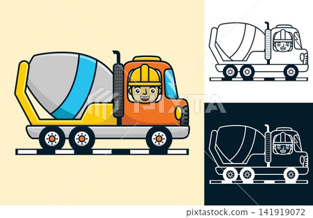 Happy worker driving mixer truck. Vector cartoon illustration in flat icon style Happy worker driving mixer truck. Vector cartoon illustration in flat icon style 141919072