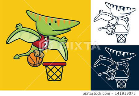 Funny pterodactyl playing basketball. Vector cartoon illustration in flat icon style Funny pterodactyl playing basketball. Vector cartoon illustration in flat icon style 141919075