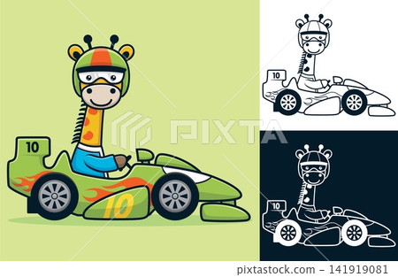 Funny giraffe wearing helmet driving racing car. Vector cartoon illustration in flat icon style Funny giraffe wearing helmet driving racing car. Vector cartoon illustration in flat icon style 141919081