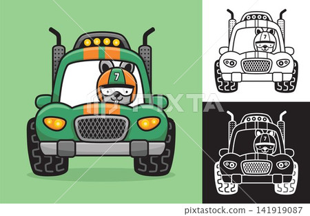 Rabbit wearing racer helmet on racing car. Vector cartoon illustration in flat icon style 141919087