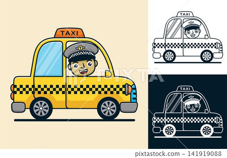 Yellow taxi with smiling driver. Vector cartoon illustration in flat icon style 141919088