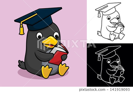 Cute penguin wearing graduation hat reading book. Vector cartoon illustration in flat icon style Cute penguin wearing graduation hat reading book. Vector cartoon illustration in flat icon style 141919093