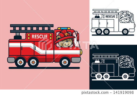 Funny bear wearing fireman helmet on firetruck. Vector cartoon illustration in flat icon style Funny bear wearing fireman helmet on firetruck. Vector cartoon illustration in flat icon style 141919098