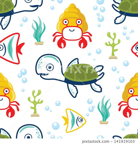 Seamless pattern vector of marine animals cartoon. Turtle with fish and hermit crab Seamless pattern vector of marine animals cartoon. Turtle with fish and hermit crab 141919103