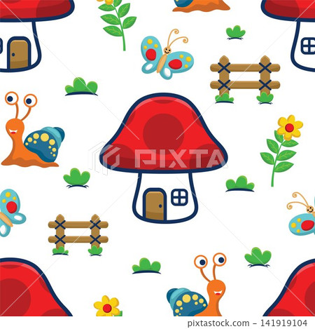 Seamless pattern vector of mushroom house with snail, flower, fence and butterfly Seamless pattern vector of mushroom house with snail, flower, fence and butterfly 141919104