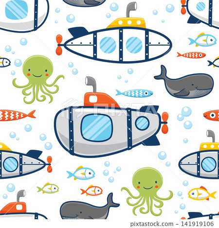 Seamless pattern vector of submarine with marine animals, undersea elements illustration 141919106