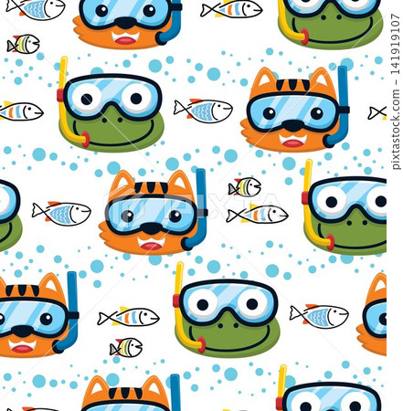 Seamless pattern vector of funny cat and frog in diving goggles, fish on bubble water background 141919107