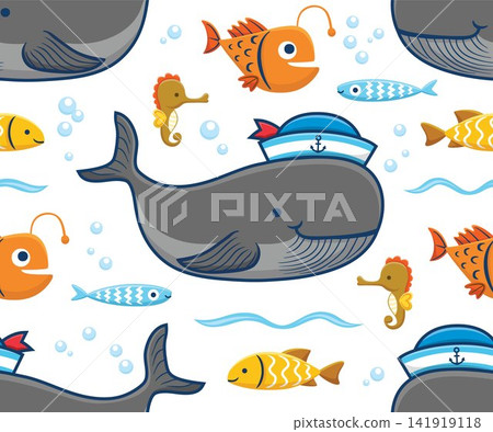 Seamless pattern vector of marine animals cartoon, big whale wearing sailor cap Seamless pattern vector of marine animals cartoon, big whale wearing sailor cap 141919118