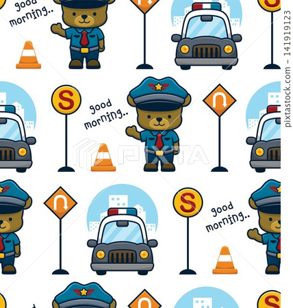 Seamless pattern vector of funny bear in policeman uniform with patrol car and traffic signs Seamless pattern vector of funny bear in policeman uniform with patrol car and traffic signs 141919123