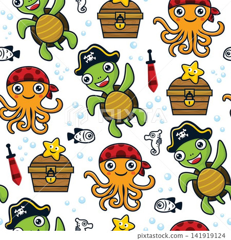 Seamless pattern vector of cartoon funny marine animals in pirate costume with pirates element illustration Seamless pattern vector of cartoon funny marine animals in pirate costume with pirates element illustration 141919124