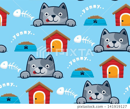 Seamless pattern vector of cartoon kitten with pet elements illustration Seamless pattern vector of cartoon kitten with pet elements illustration 141919127