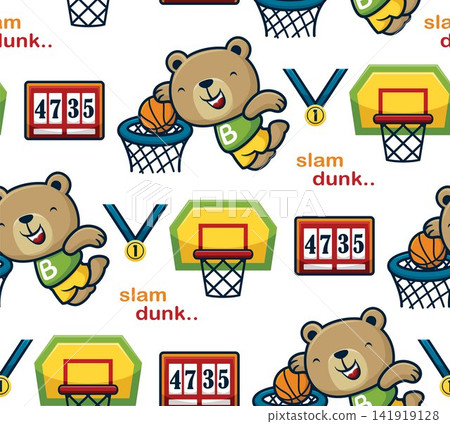 Seamless pattern vector of funny bear playing basketball with basketball elements Seamless pattern vector of funny bear playing basketball with basketball elements 141919128