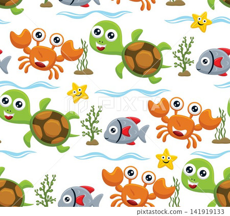 Seamless pattern vector of cartoon funny marine animals, sea life elements illustration Seamless pattern vector of cartoon funny marine animals, sea life elements illustration 141919133