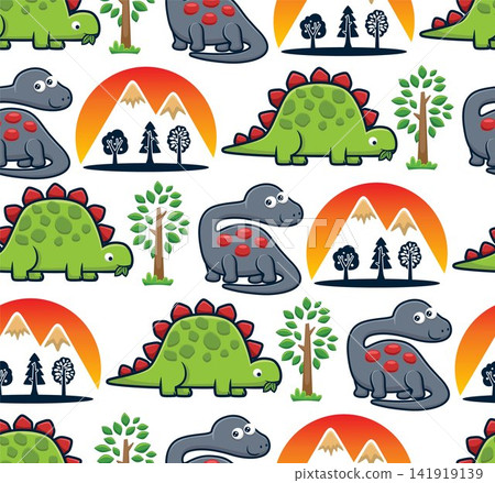 Seamless pattern vector of cartoon funny dinosaurs with trees and volcanoes Seamless pattern vector of cartoon funny dinosaurs with trees and volcanoes 141919139