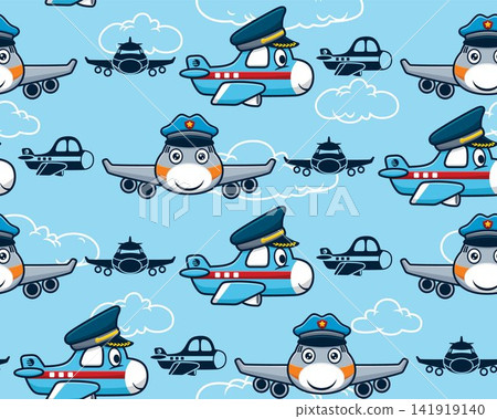 Seamless pattern vector of cartoon funny airplane wearing pilot hat on clouds background 141919140