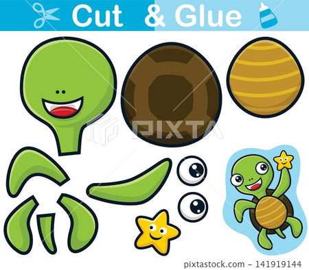 Funny turtle with starfish on it hand. Education paper game for children. Cutout and gluing Funny turtle with starfish on it hand. Education paper game for children. Cutout and gluing 141919144