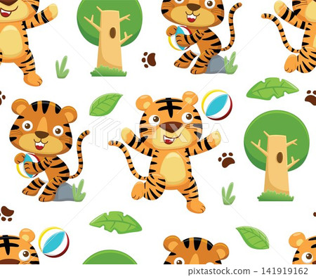 Seamless pattern vector of cartoon tiger playing ball, trees and leaves Seamless pattern vector of cartoon tiger playing ball, trees and leaves 141919162